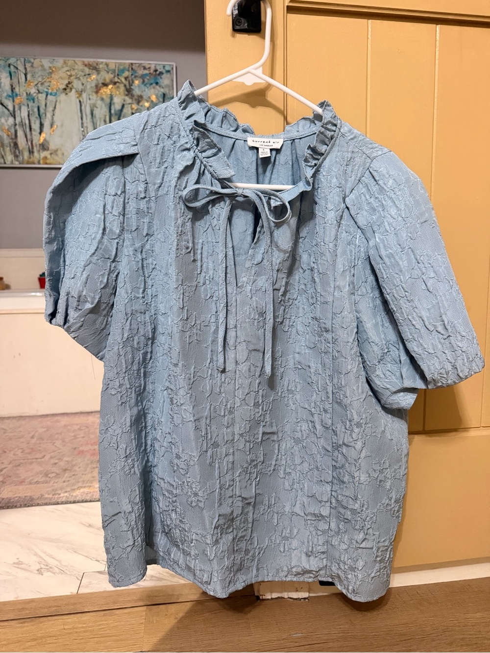 Current Air Powder Blue Textured Tie-Neck Blouse